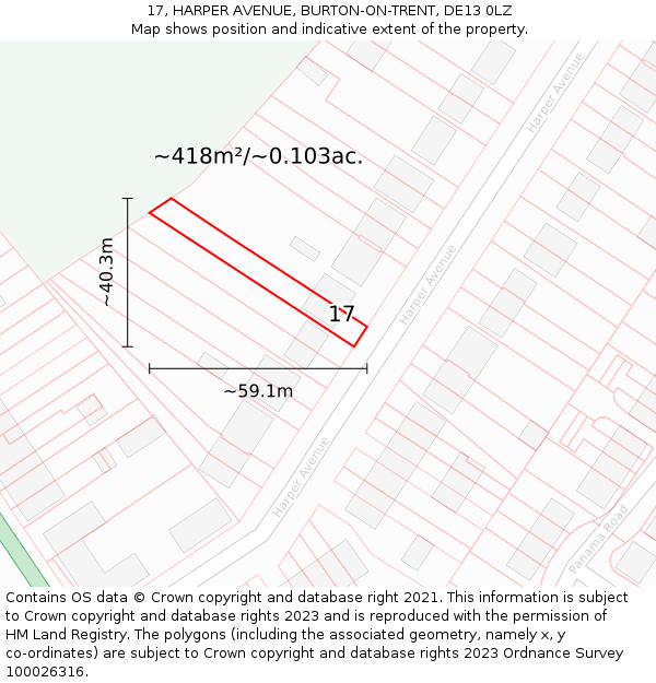 17, HARPER AVENUE, BURTON-ON-TRENT, DE13 0LZ: Plot and title map
