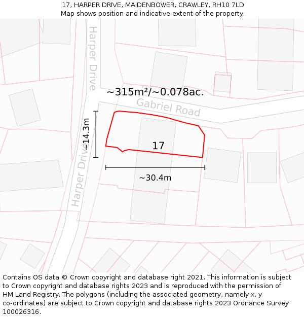 17, HARPER DRIVE, MAIDENBOWER, CRAWLEY, RH10 7LD: Plot and title map