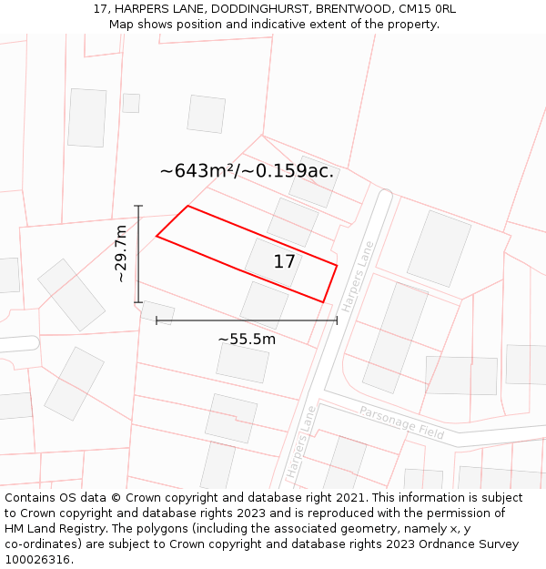 17, HARPERS LANE, DODDINGHURST, BRENTWOOD, CM15 0RL: Plot and title map