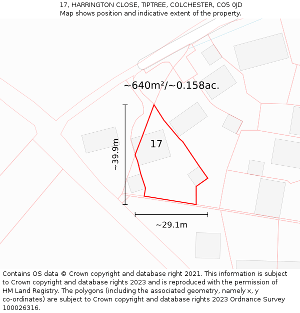 17, HARRINGTON CLOSE, TIPTREE, COLCHESTER, CO5 0JD: Plot and title map