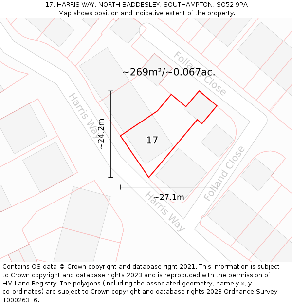 17, HARRIS WAY, NORTH BADDESLEY, SOUTHAMPTON, SO52 9PA: Plot and title map