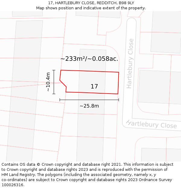 17, HARTLEBURY CLOSE, REDDITCH, B98 9LY: Plot and title map