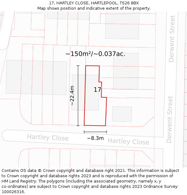 17, HARTLEY CLOSE, HARTLEPOOL, TS26 8BX: Plot and title map