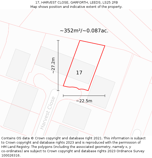 17, HARVEST CLOSE, GARFORTH, LEEDS, LS25 2FB: Plot and title map