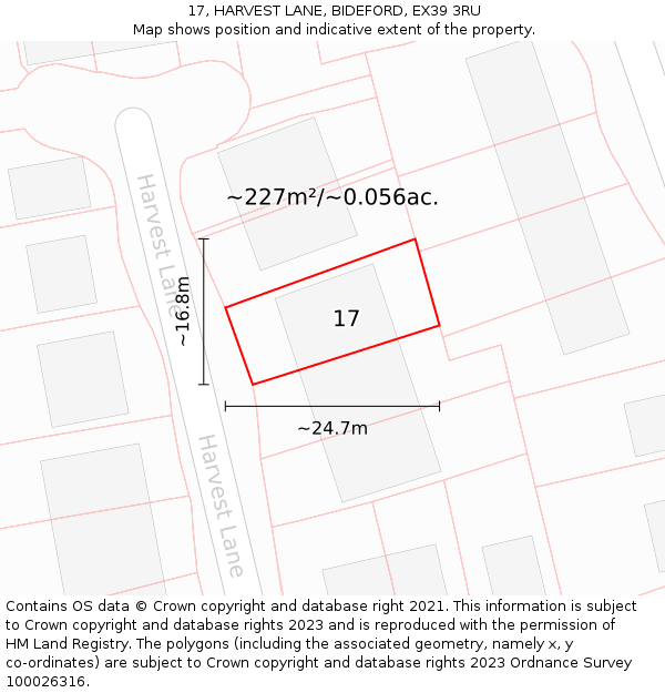 17, HARVEST LANE, BIDEFORD, EX39 3RU: Plot and title map