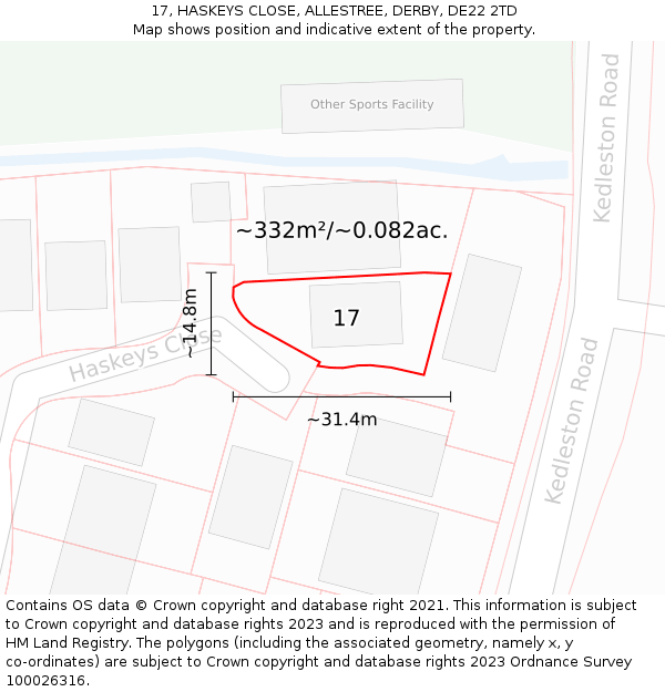 17, HASKEYS CLOSE, ALLESTREE, DERBY, DE22 2TD: Plot and title map
