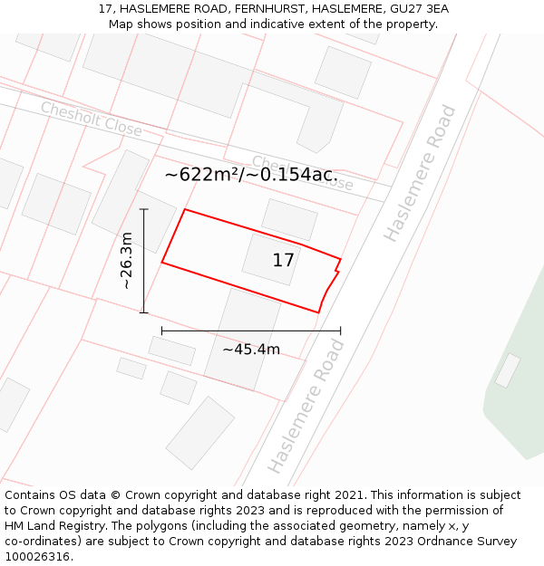 17, HASLEMERE ROAD, FERNHURST, HASLEMERE, GU27 3EA: Plot and title map