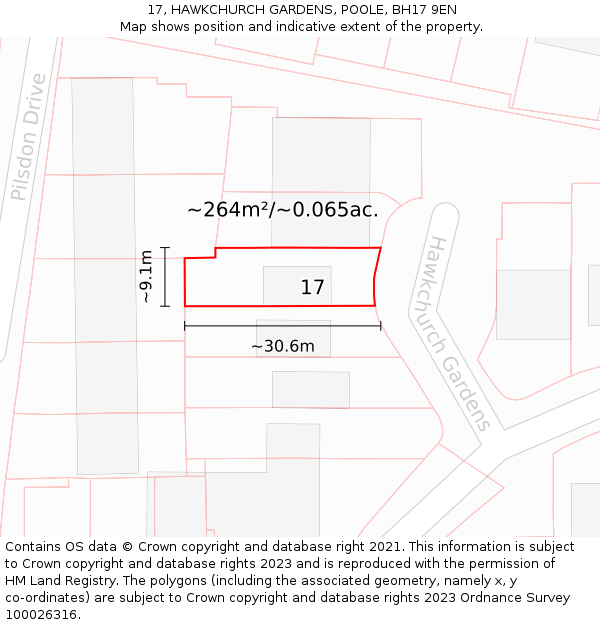 17, HAWKCHURCH GARDENS, POOLE, BH17 9EN: Plot and title map