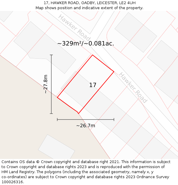 17, HAWKER ROAD, OADBY, LEICESTER, LE2 4UH: Plot and title map