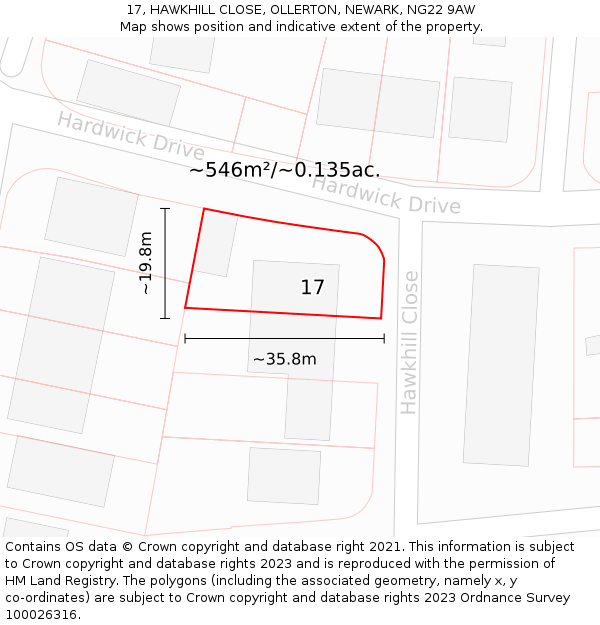 17, HAWKHILL CLOSE, OLLERTON, NEWARK, NG22 9AW: Plot and title map