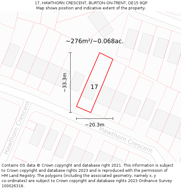 17, HAWTHORN CRESCENT, BURTON-ON-TRENT, DE15 9QP: Plot and title map