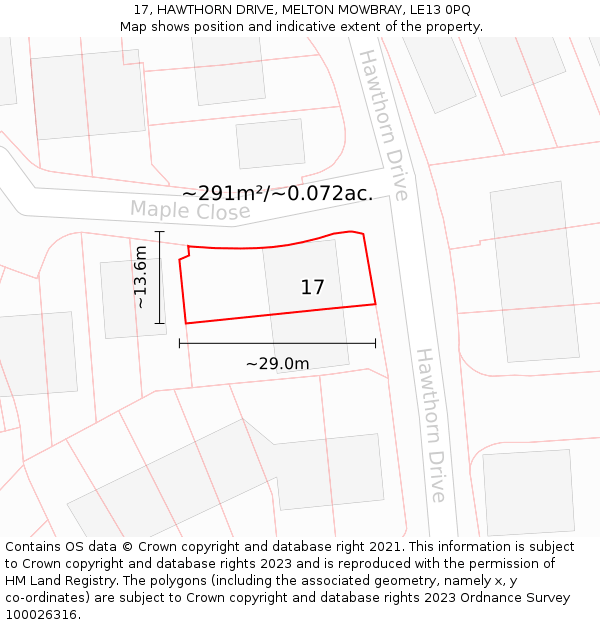 17, HAWTHORN DRIVE, MELTON MOWBRAY, LE13 0PQ: Plot and title map