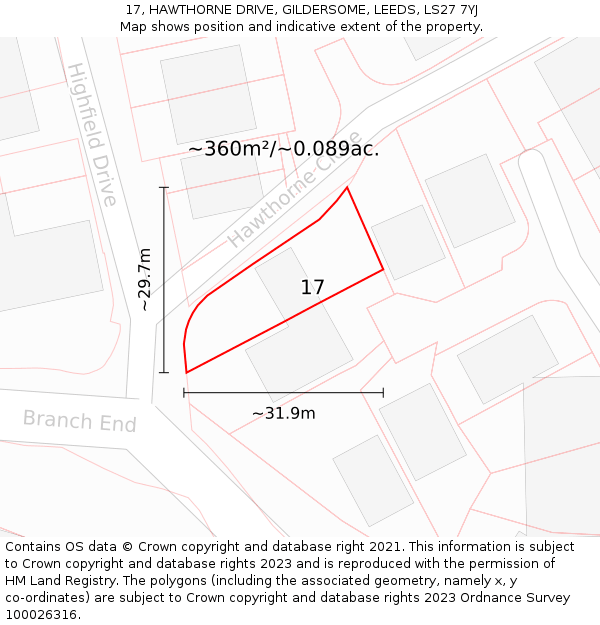 17, HAWTHORNE DRIVE, GILDERSOME, LEEDS, LS27 7YJ: Plot and title map