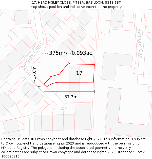 17, HEADINGLEY CLOSE, PITSEA, BASILDON, SS13 1BT: Plot and title map