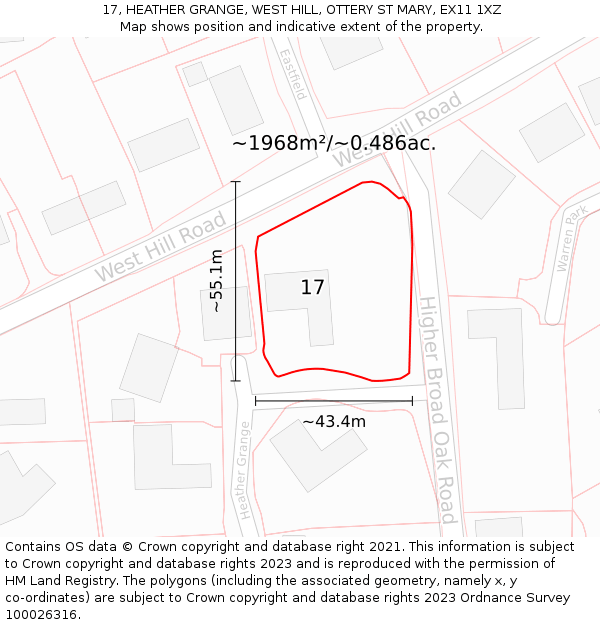 17, HEATHER GRANGE, WEST HILL, OTTERY ST MARY, EX11 1XZ: Plot and title map