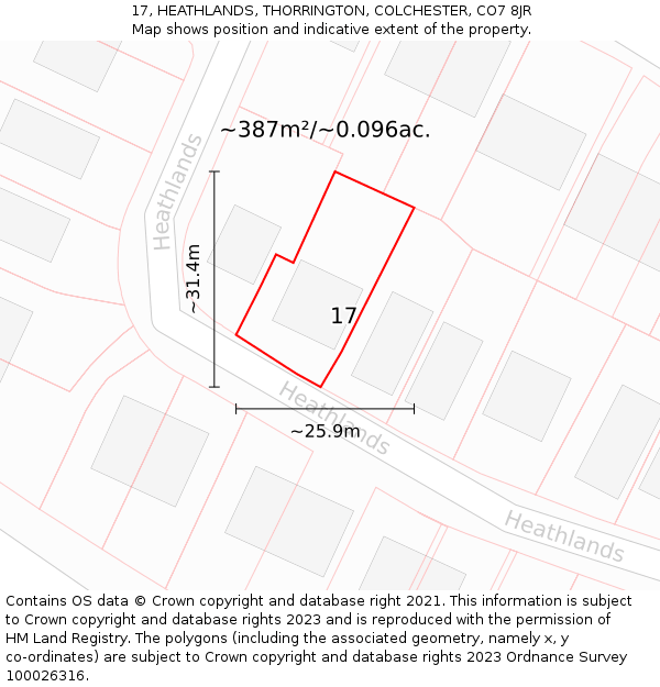 17, HEATHLANDS, THORRINGTON, COLCHESTER, CO7 8JR: Plot and title map