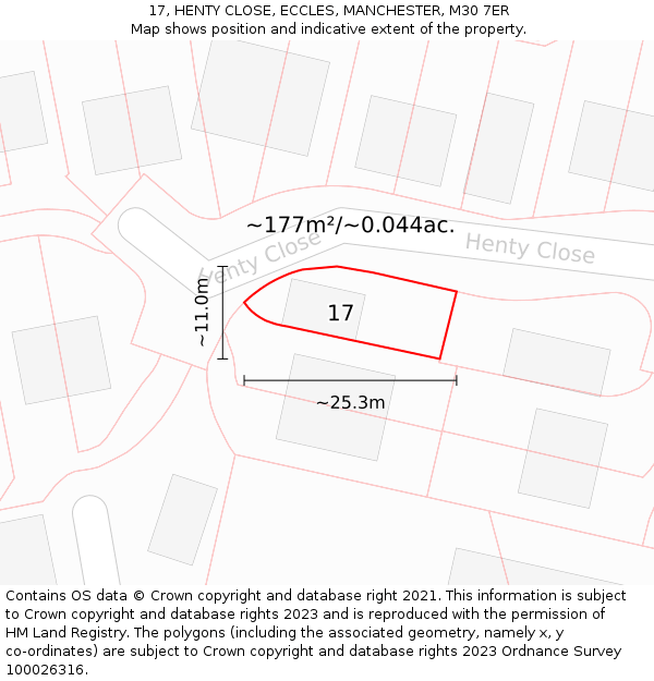 17, HENTY CLOSE, ECCLES, MANCHESTER, M30 7ER: Plot and title map