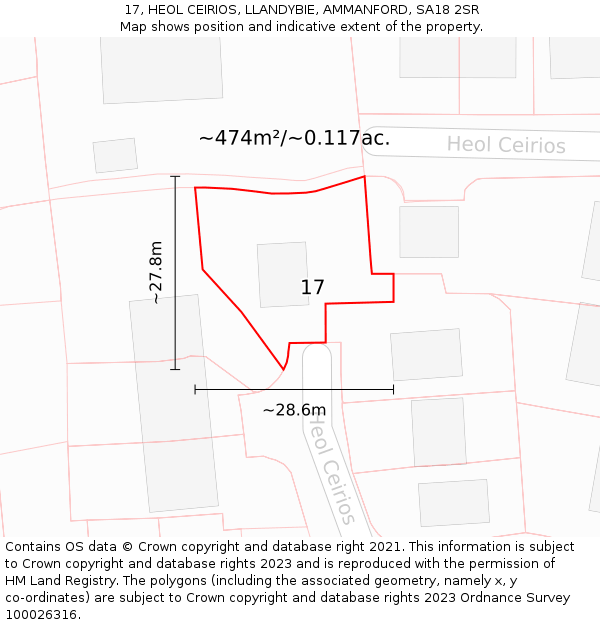 17, HEOL CEIRIOS, LLANDYBIE, AMMANFORD, SA18 2SR: Plot and title map