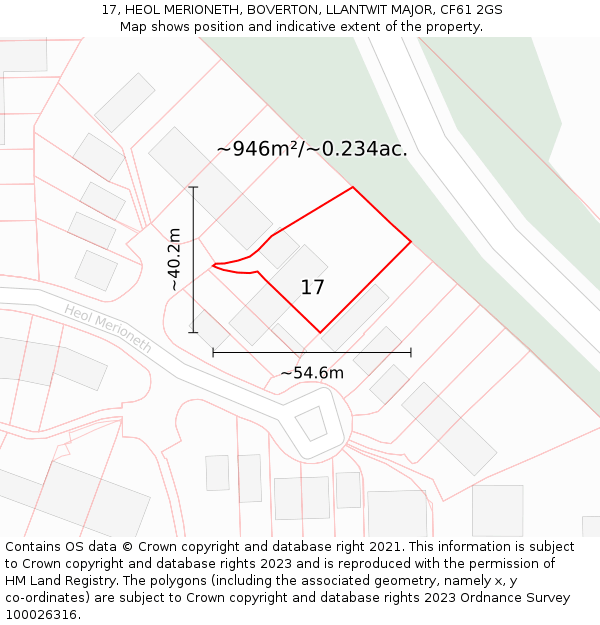 17, HEOL MERIONETH, BOVERTON, LLANTWIT MAJOR, CF61 2GS: Plot and title map