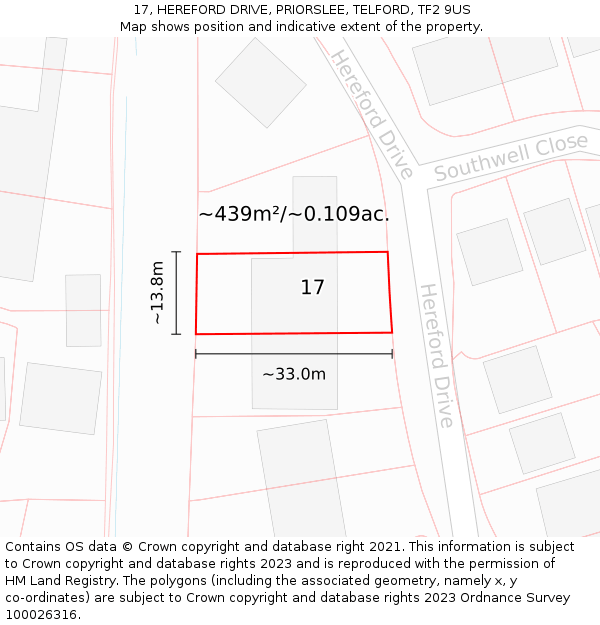 17, HEREFORD DRIVE, PRIORSLEE, TELFORD, TF2 9US: Plot and title map