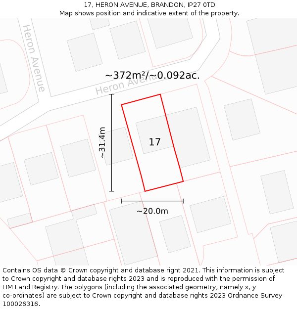 17, HERON AVENUE, BRANDON, IP27 0TD: Plot and title map