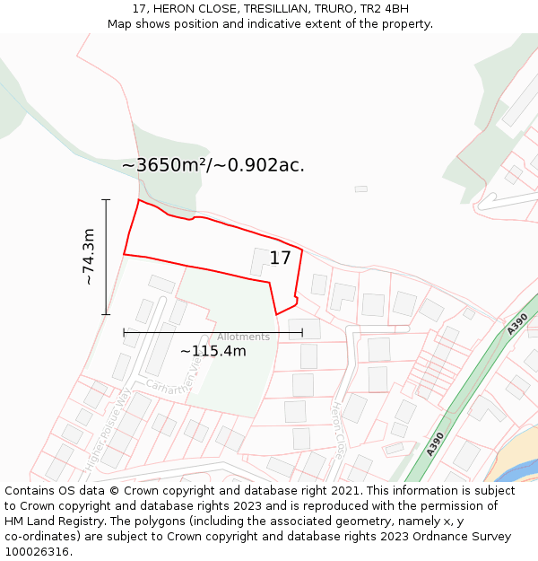 17, HERON CLOSE, TRESILLIAN, TRURO, TR2 4BH: Plot and title map