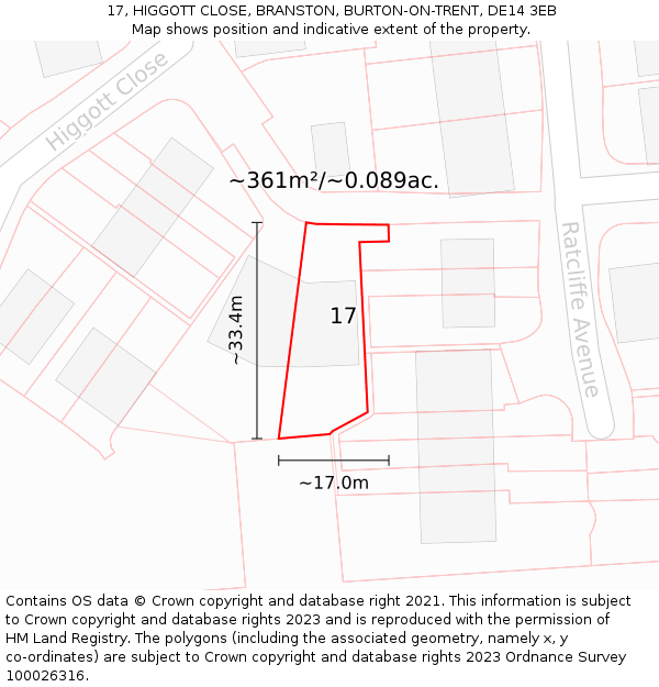 17, HIGGOTT CLOSE, BRANSTON, BURTON-ON-TRENT, DE14 3EB: Plot and title map