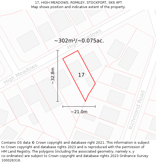 17, HIGH MEADOWS, ROMILEY, STOCKPORT, SK6 4PT: Plot and title map