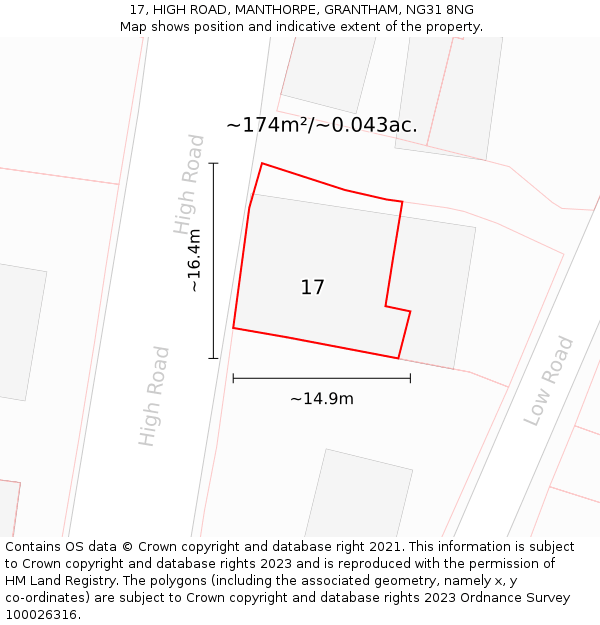 17, HIGH ROAD, MANTHORPE, GRANTHAM, NG31 8NG: Plot and title map