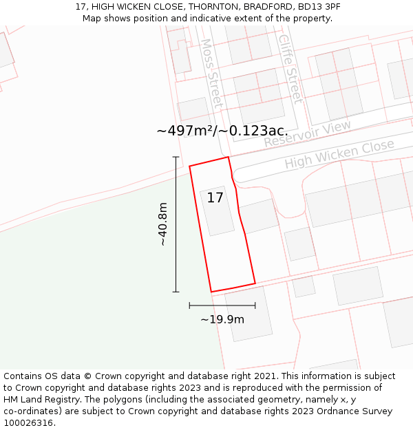17, HIGH WICKEN CLOSE, THORNTON, BRADFORD, BD13 3PF: Plot and title map