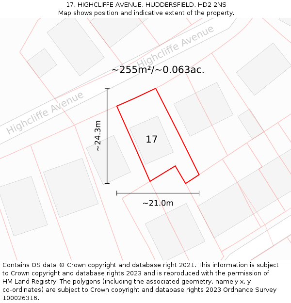 17, HIGHCLIFFE AVENUE, HUDDERSFIELD, HD2 2NS: Plot and title map