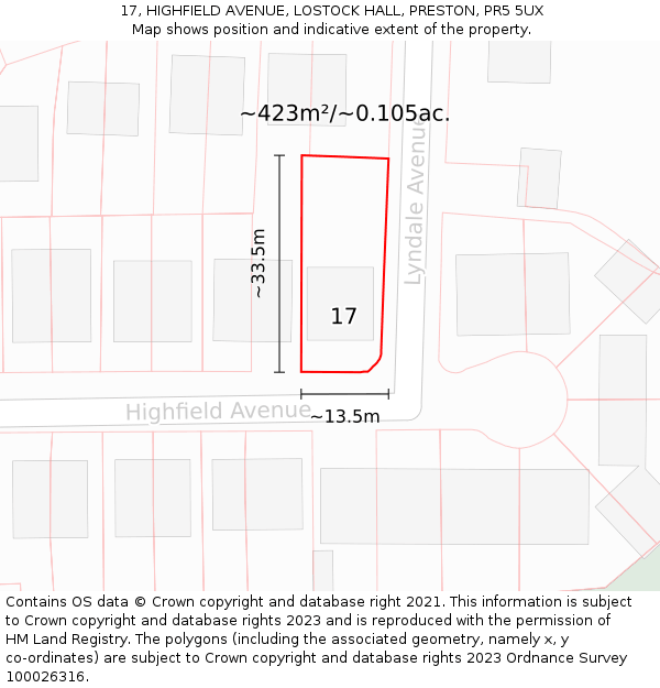 17, HIGHFIELD AVENUE, LOSTOCK HALL, PRESTON, PR5 5UX: Plot and title map