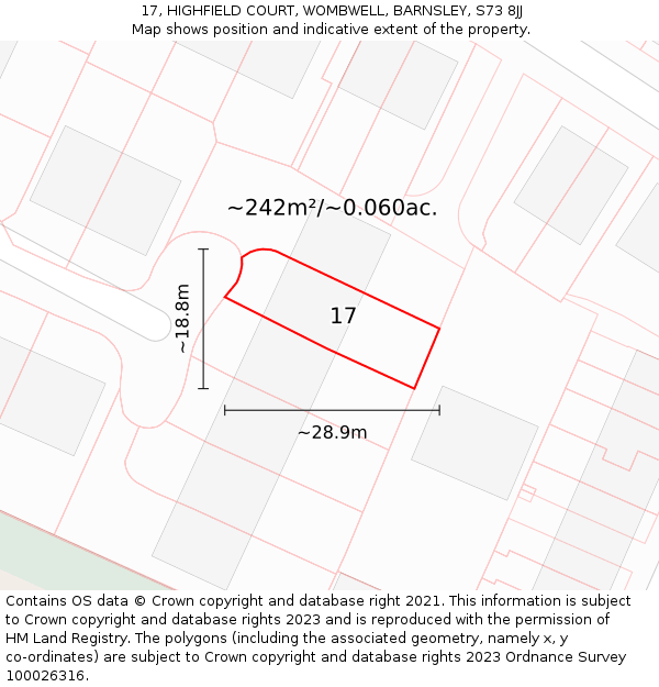 17, HIGHFIELD COURT, WOMBWELL, BARNSLEY, S73 8JJ: Plot and title map