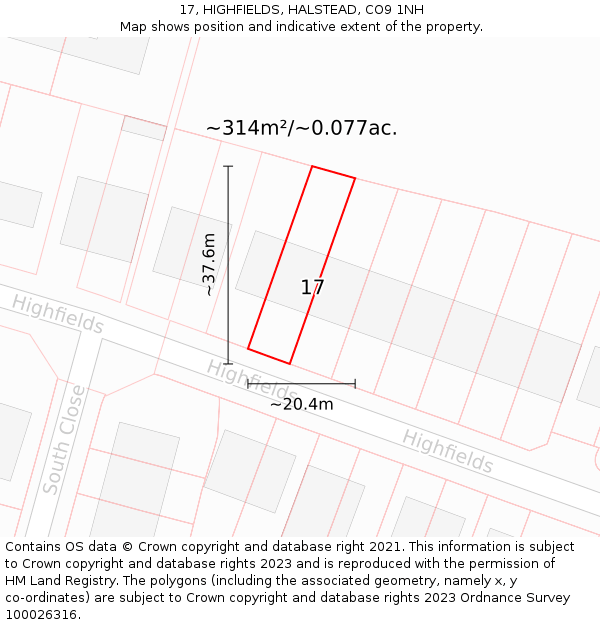 17, HIGHFIELDS, HALSTEAD, CO9 1NH: Plot and title map