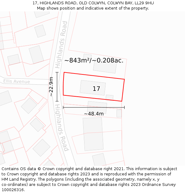 17, HIGHLANDS ROAD, OLD COLWYN, COLWYN BAY, LL29 9HU: Plot and title map