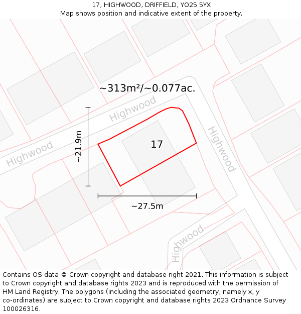 17, HIGHWOOD, DRIFFIELD, YO25 5YX: Plot and title map