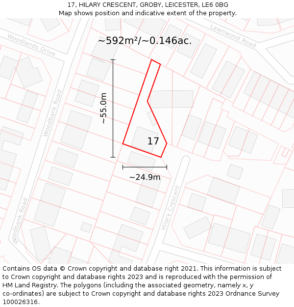 17, HILARY CRESCENT, GROBY, LEICESTER, LE6 0BG: Plot and title map