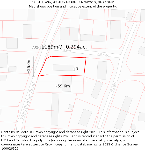 17, HILL WAY, ASHLEY HEATH, RINGWOOD, BH24 2HZ: Plot and title map