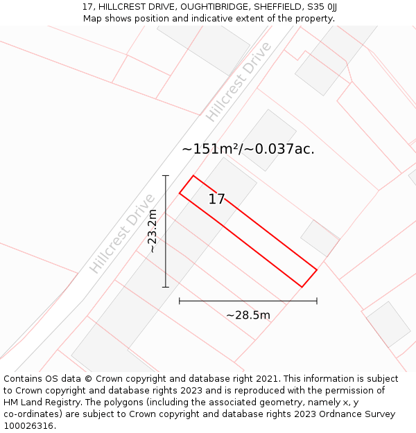 17, HILLCREST DRIVE, OUGHTIBRIDGE, SHEFFIELD, S35 0JJ: Plot and title map