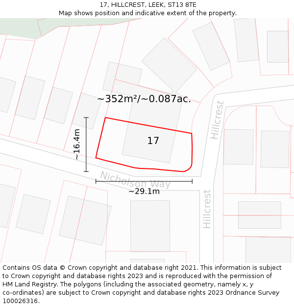 17, HILLCREST, LEEK, ST13 8TE: Plot and title map