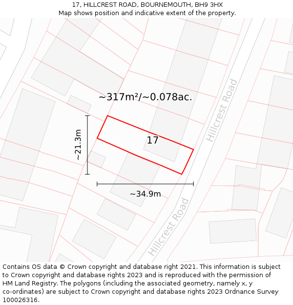 17, HILLCREST ROAD, BOURNEMOUTH, BH9 3HX: Plot and title map