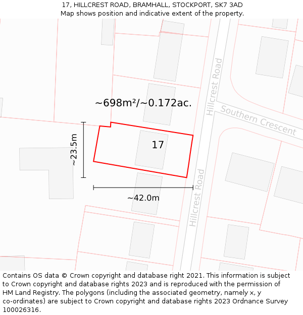 17, HILLCREST ROAD, BRAMHALL, STOCKPORT, SK7 3AD: Plot and title map