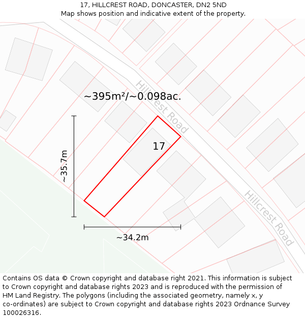 17, HILLCREST ROAD, DONCASTER, DN2 5ND: Plot and title map