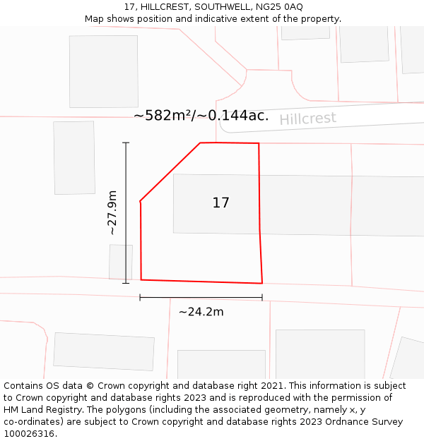 17, HILLCREST, SOUTHWELL, NG25 0AQ: Plot and title map