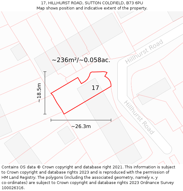 17, HILLHURST ROAD, SUTTON COLDFIELD, B73 6PU: Plot and title map