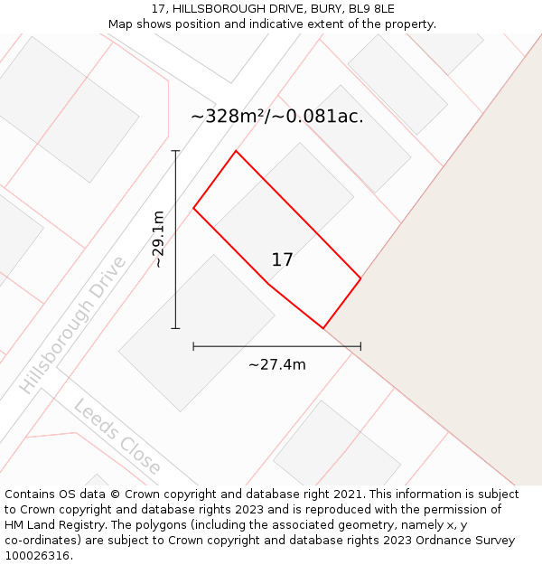 17, HILLSBOROUGH DRIVE, BURY, BL9 8LE: Plot and title map