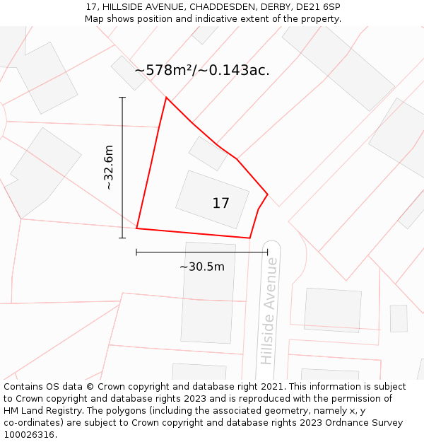 17, HILLSIDE AVENUE, CHADDESDEN, DERBY, DE21 6SP: Plot and title map