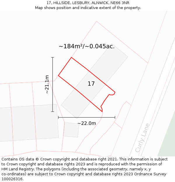 17, HILLSIDE, LESBURY, ALNWICK, NE66 3NR: Plot and title map