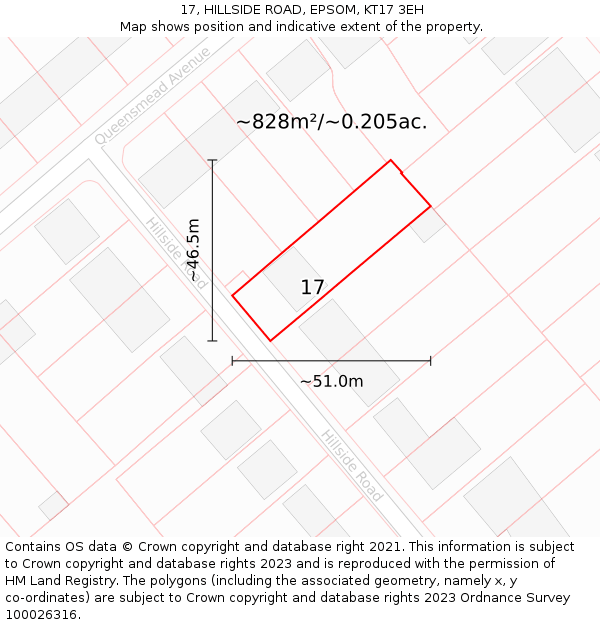17, HILLSIDE ROAD, EPSOM, KT17 3EH: Plot and title map