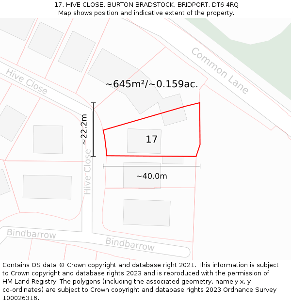 17, HIVE CLOSE, BURTON BRADSTOCK, BRIDPORT, DT6 4RQ: Plot and title map